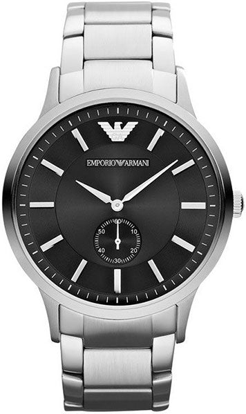 AR9107 black dial watch with Emporio Armani logo and small seconds subdial