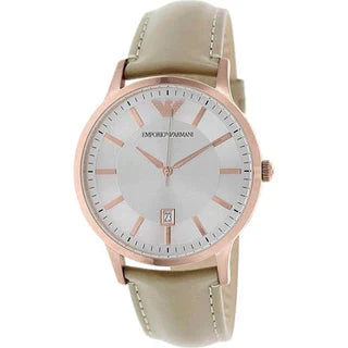 Emporio Armani AR9108 watch on wrist showing silver dial and beige leather strap detail