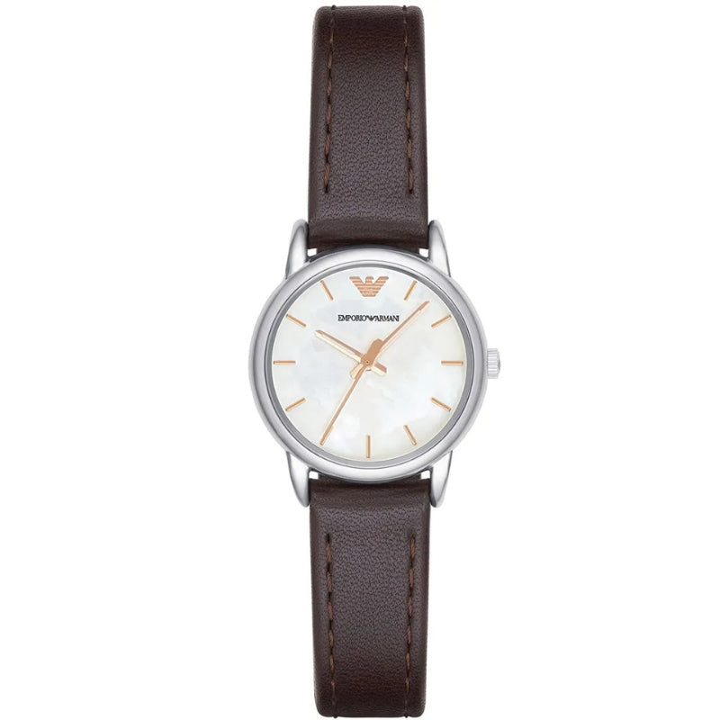 Emporio Armani AR9112L white dial watch with brown leather strap, front view