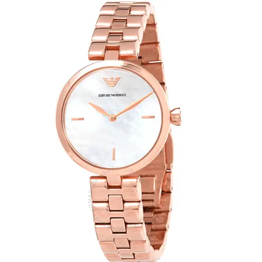 Emporio Armani Arianna ladies watch at angle showing rose gold case and bracelet with pearl dial