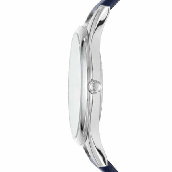 Side profile of Emporio Armani Aurora AR11090 showing thin case and navy leather strap