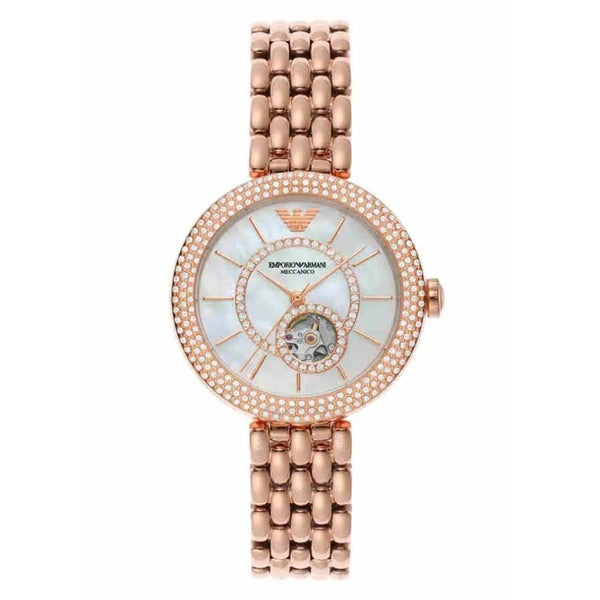 Emporio Armani Automatic Crystal White Mother of Pearl Dial Ladies Watch AR60065 - The Watches Men & Co