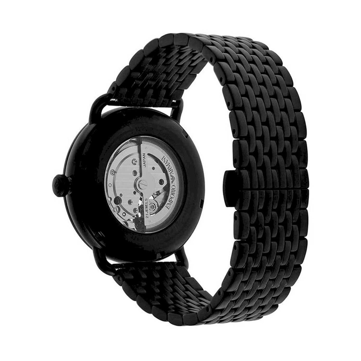 Emporio Armani Aviator AR60025 watch displayed from side showing caseback with visible movement