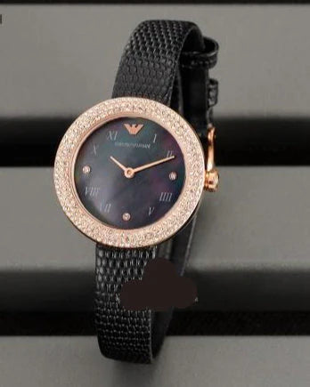 Angled view of Emporio Armani Aviator Crystals with rose gold case and black dial