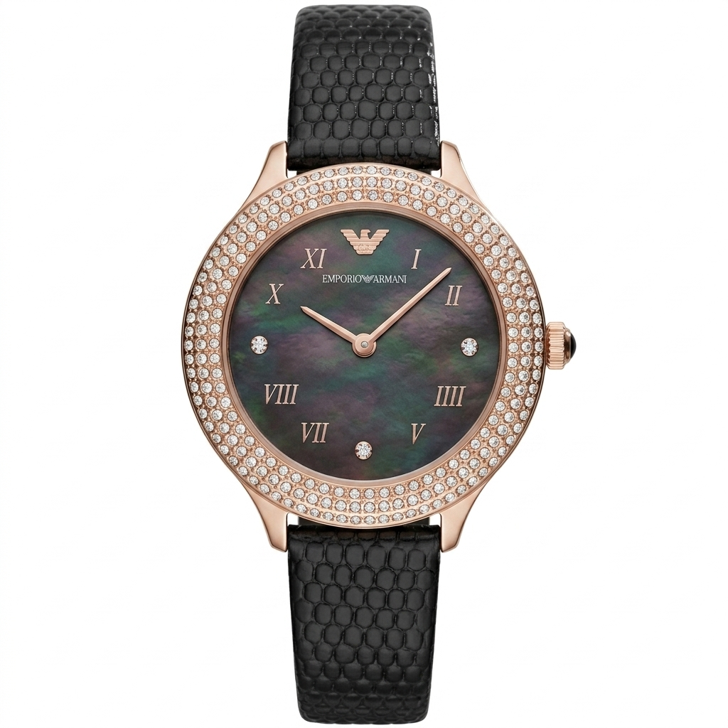 Emporio Armani Aviator Crystals watch with rose gold case, crystal bezel, black dial, and black strap