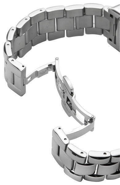 Silver stainless steel bracelet with link design, showing clasp and band structure