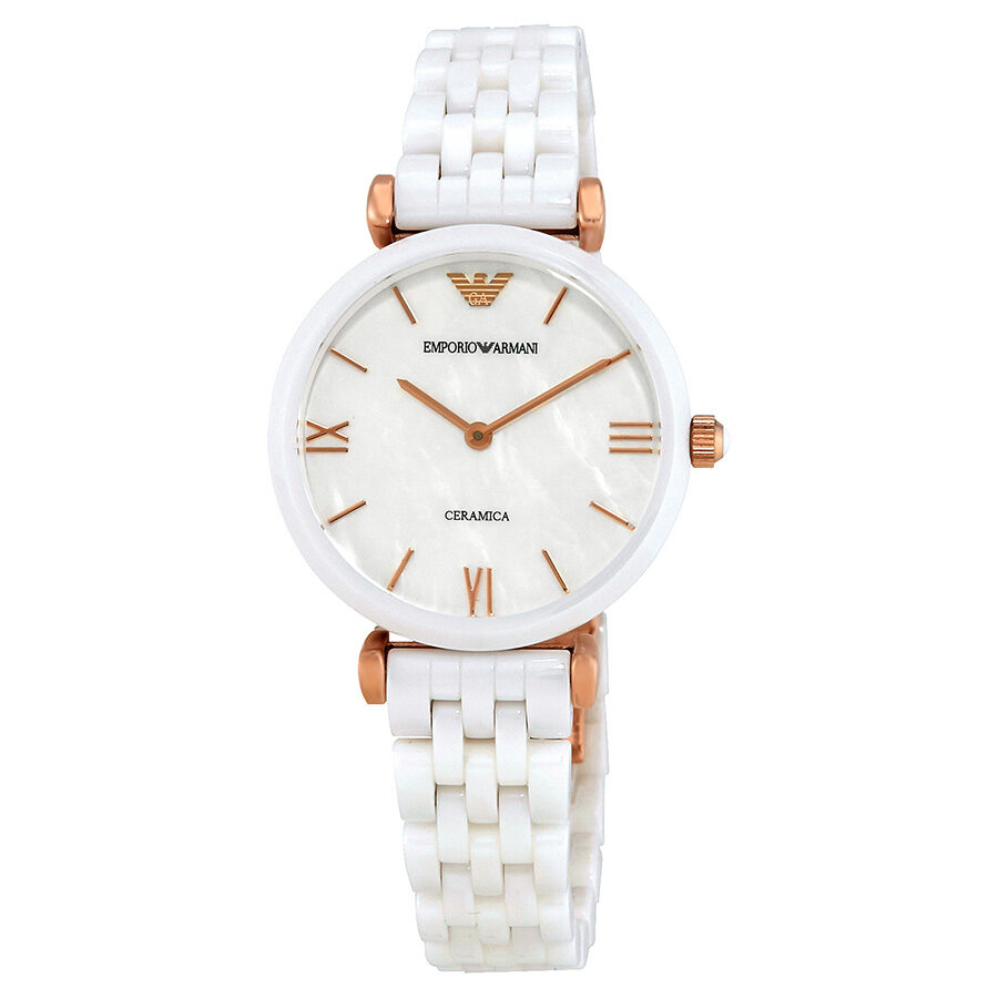 Emporio Armani Ceramica mother of pearl dial ladies watch with white ceramic strap and rose gold accents