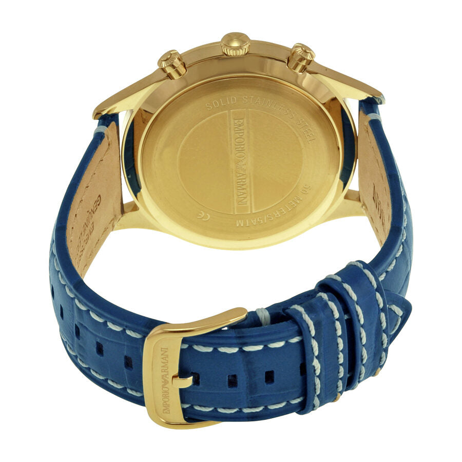 Gold-tone caseback with Emporio Armani branding and blue leather strap detail
