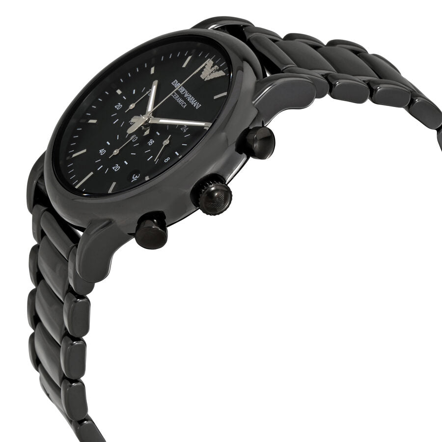 Side angle view of Emporio Armani AR1507 chronograph watch with ceramic strap