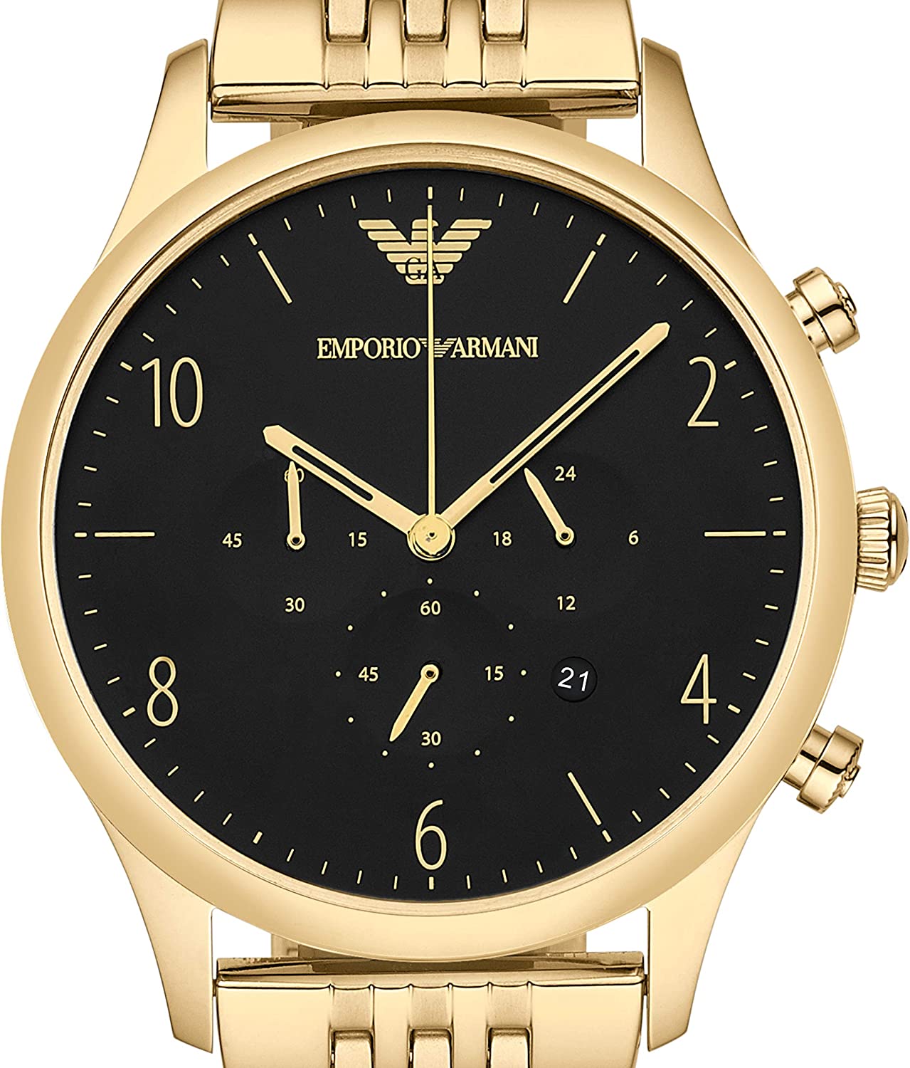 AR1893 black dial with chronograph subdials, gold-tone hands, and Arabic numerals