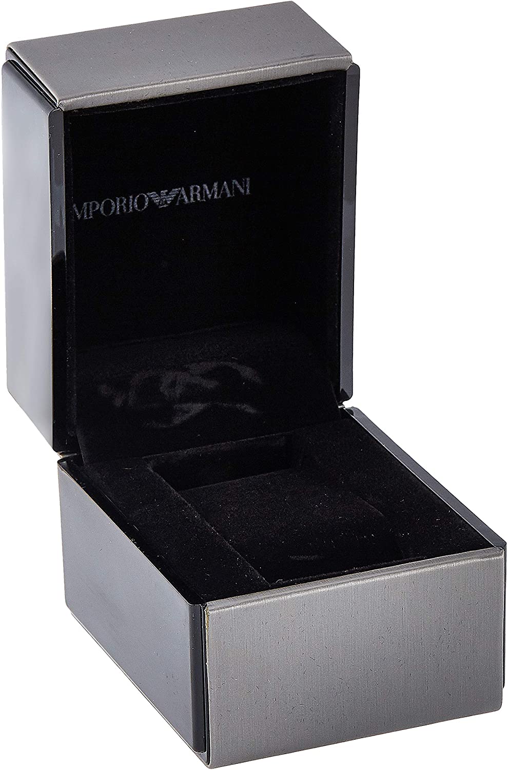 Emporio Armani watch box with brand branding and lid open
