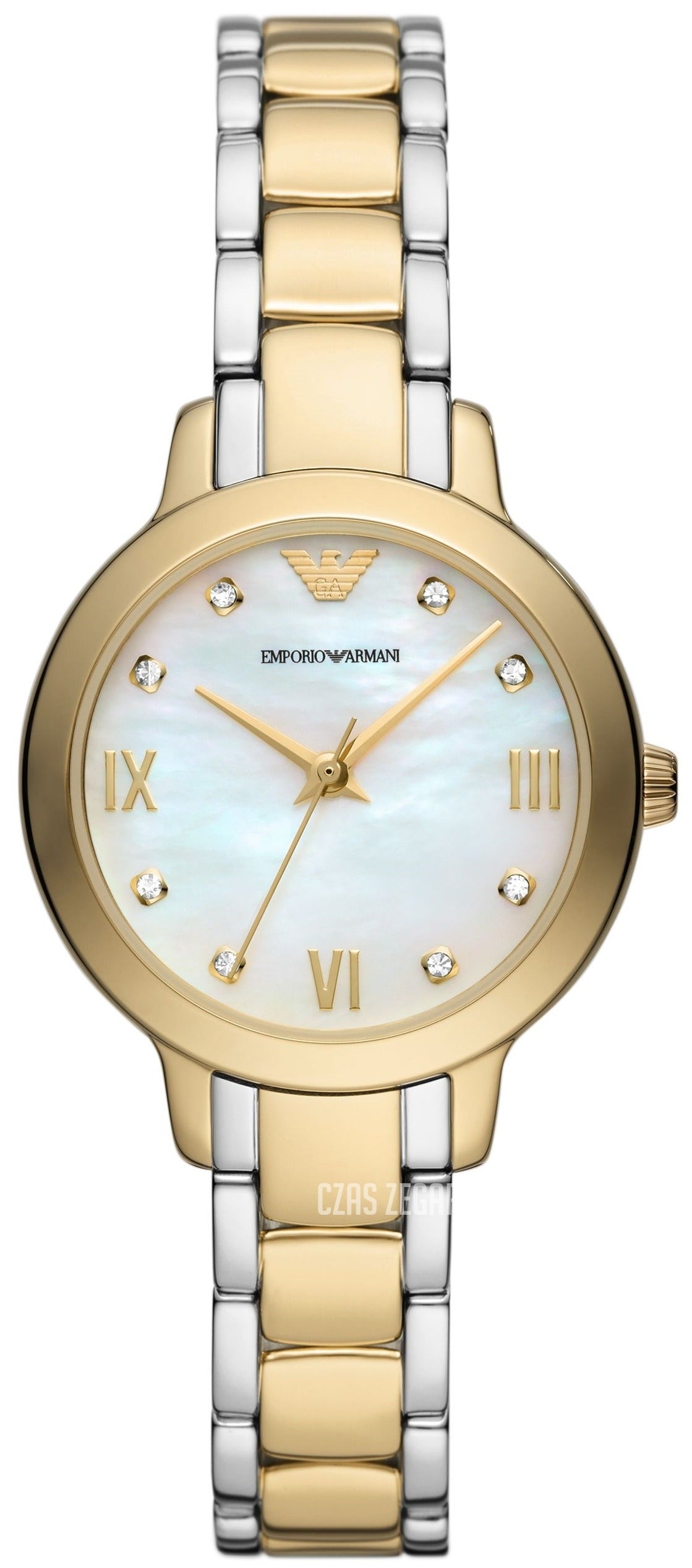 Emporio Armani Cleo watch front with MOP dial, two-tone gold and silver steel strap
