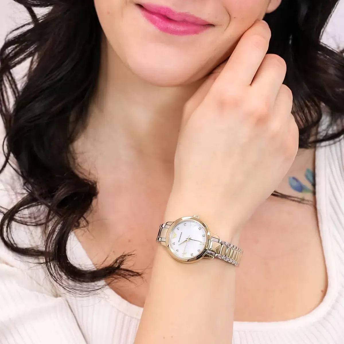 Emporio Armani Cleo women's watch on wrist showing face-on wear perspective