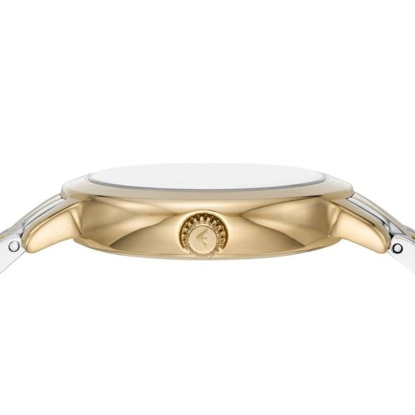 Emporio Armani Cleo side profile showing case depth and two-tone metal bracelet