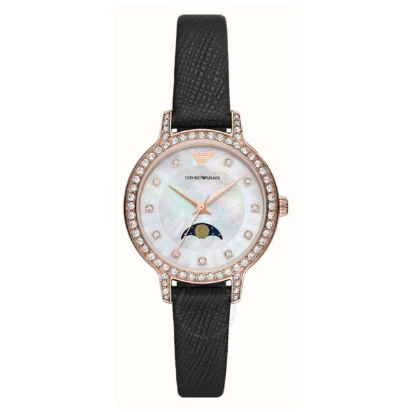 Emporio Armani Cleo Quartz Moon Phase White Mother of Pearl Dial Ladies Watch AR11514 - The Watches Men & Co