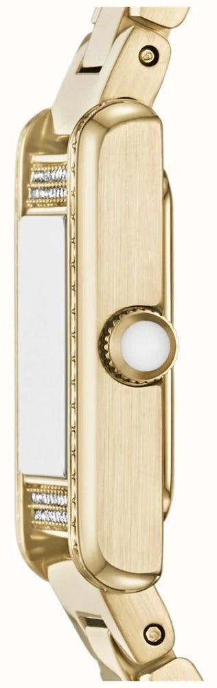 Side view of Emporio Armani Genni watch showing rectangular case profile and gold-tone bracelet