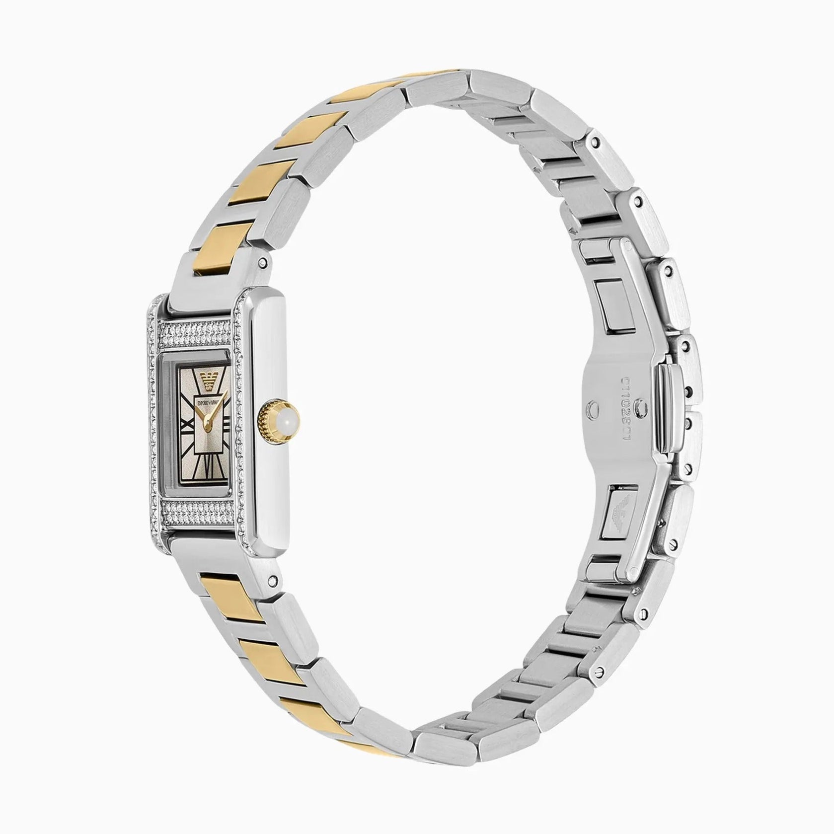 Side view of Emporio Armani Genni watch showing rectangular case profile and two-tone bracelet