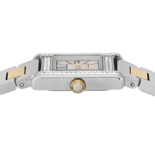Top-down side view of Emporio Armani Genni watch case showing crown and two-tone metal links