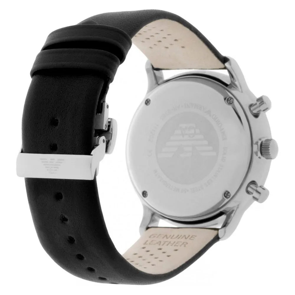 Emporio Armani Gianni AR0385 caseback showing black leather strap with white interior