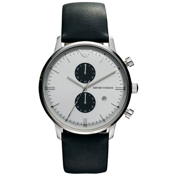 Emporio Armani Gianni white dial chronograph watch with black leather strap