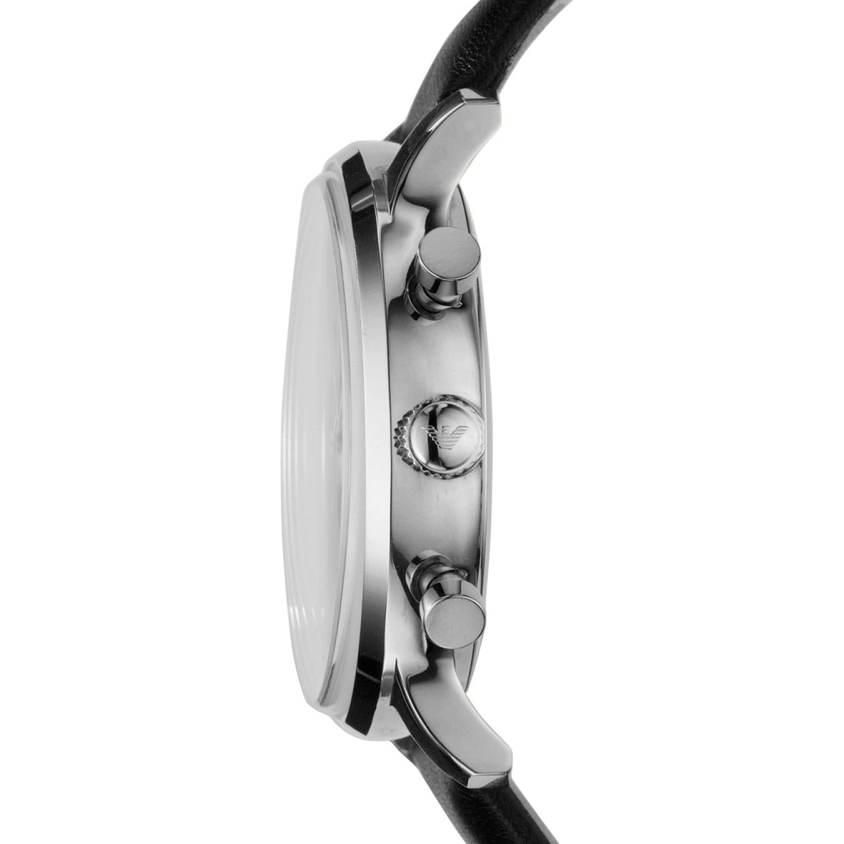 Emporio Armani Gianni watch side profile showing case depth and black leather strap