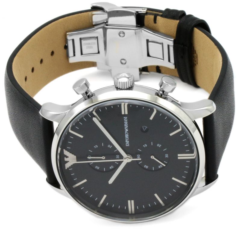 Angled view of Emporio Armani Gianni AR0397 with black leather strap showing chronograph subdials