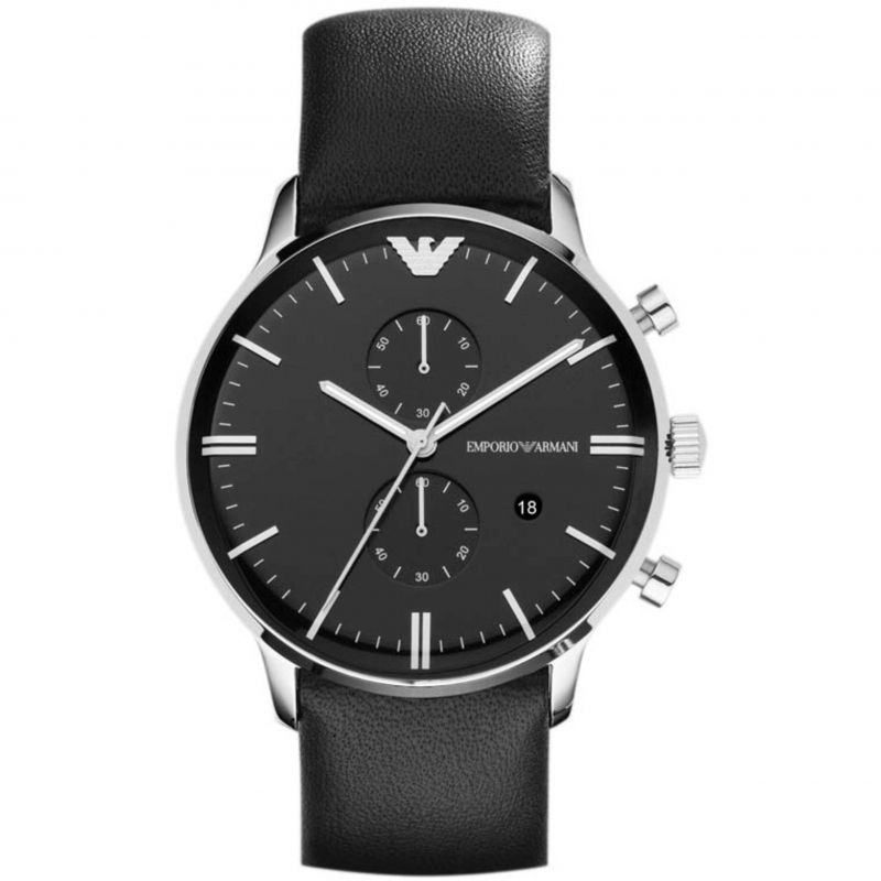 Emporio Armani Gianni AR0397 chronograph watch with black dial and leather strap