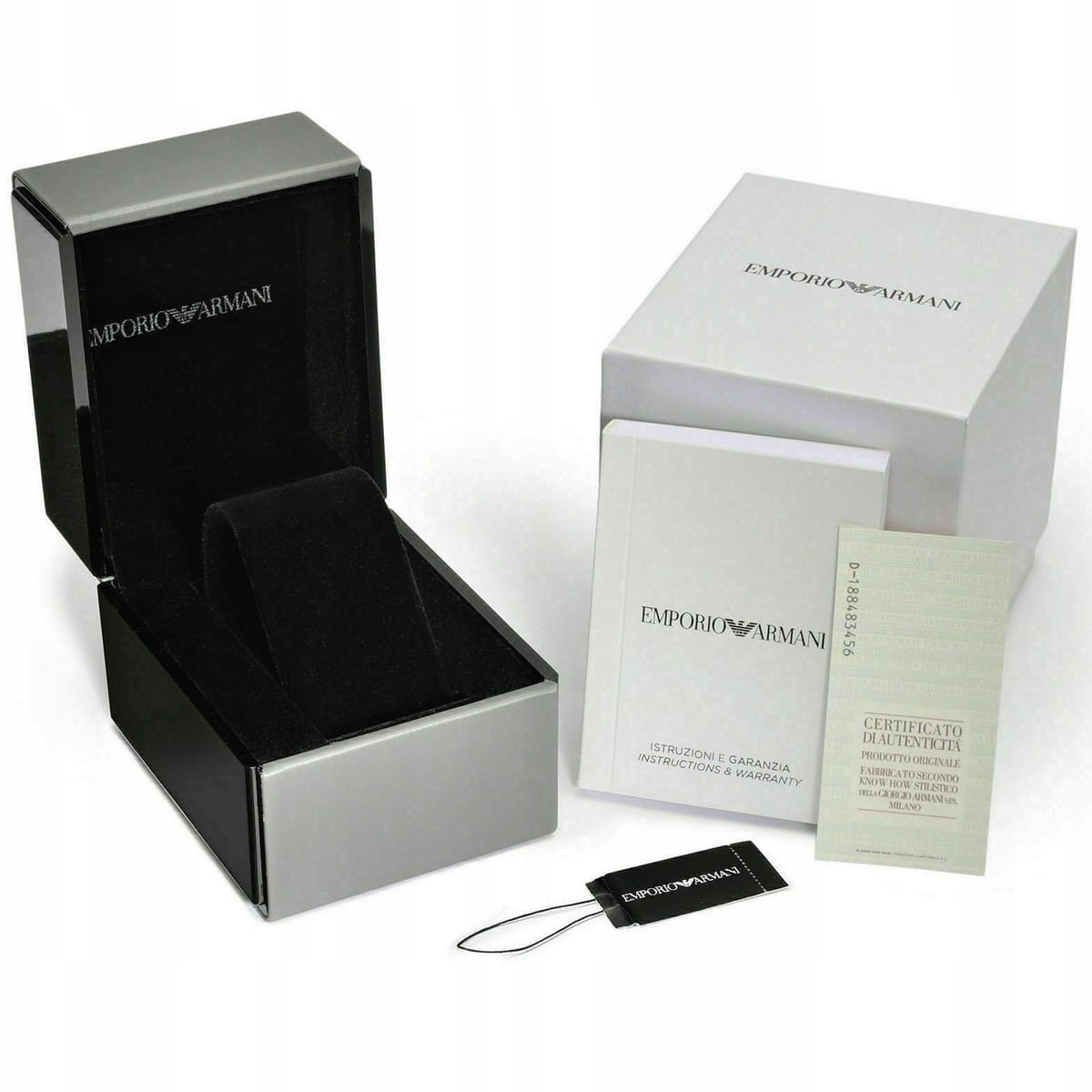 Emporio Armani watch packaging and presentation box with certificate and accessories