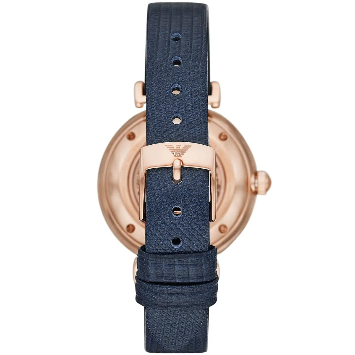 Emporio Armani Gianni rose gold watch caseback showing mechanical movement and navy leather strap