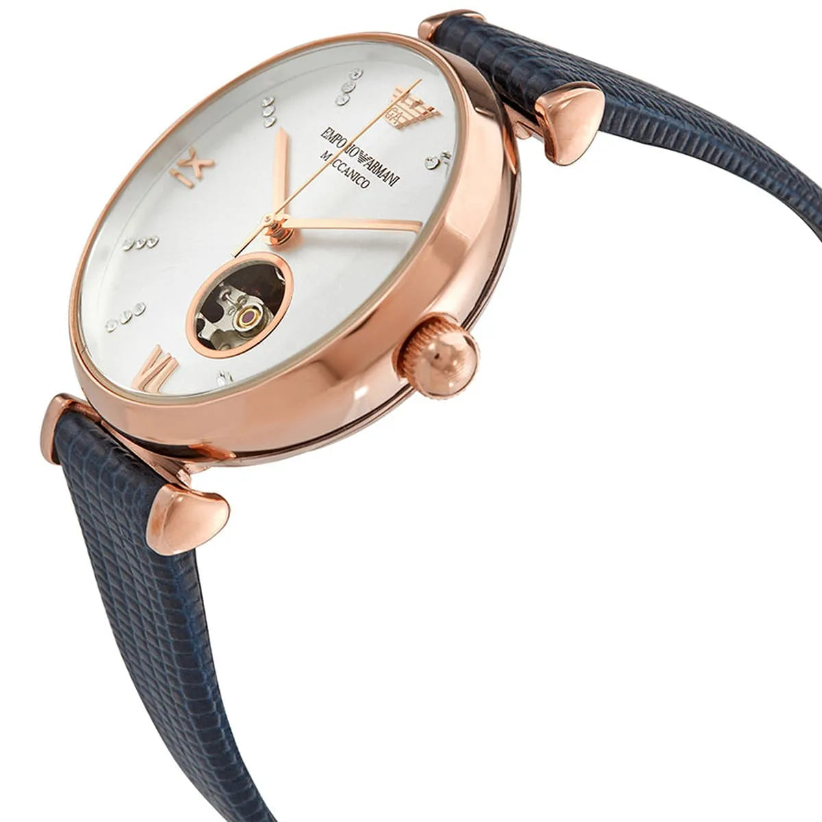 Emporio Armani Gianni T-Bar rose gold women's watch detail showing open heart window and case profile
