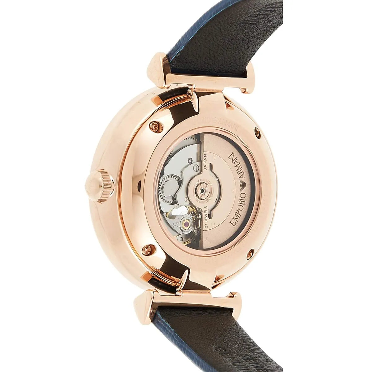Emporio Armani Gianni mechanical watch caseback displaying visible movement with rose gold case