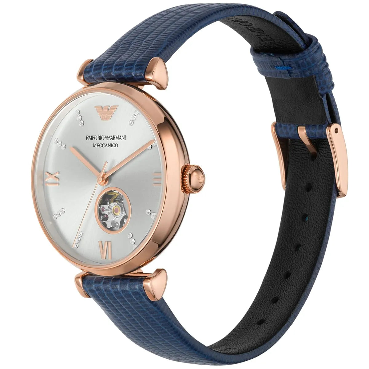 Emporio Armani Gianni rose gold watch side view displaying lugs and navy and black leather strap