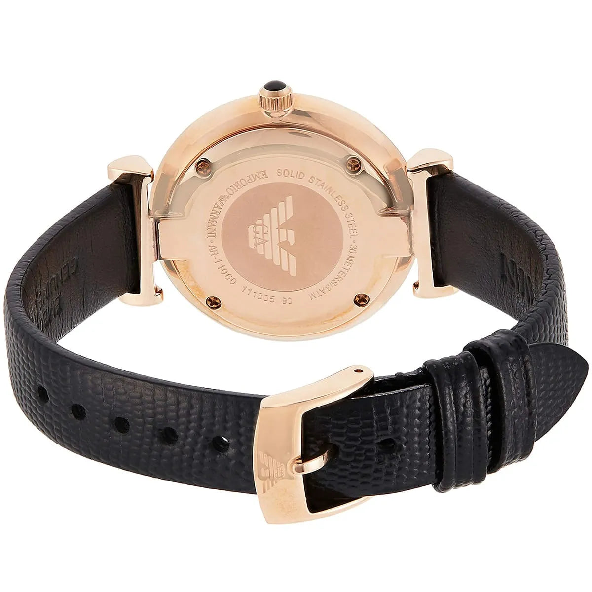 Caseback of Gianni T-Bar showing rose gold case and Emporio Armani branding