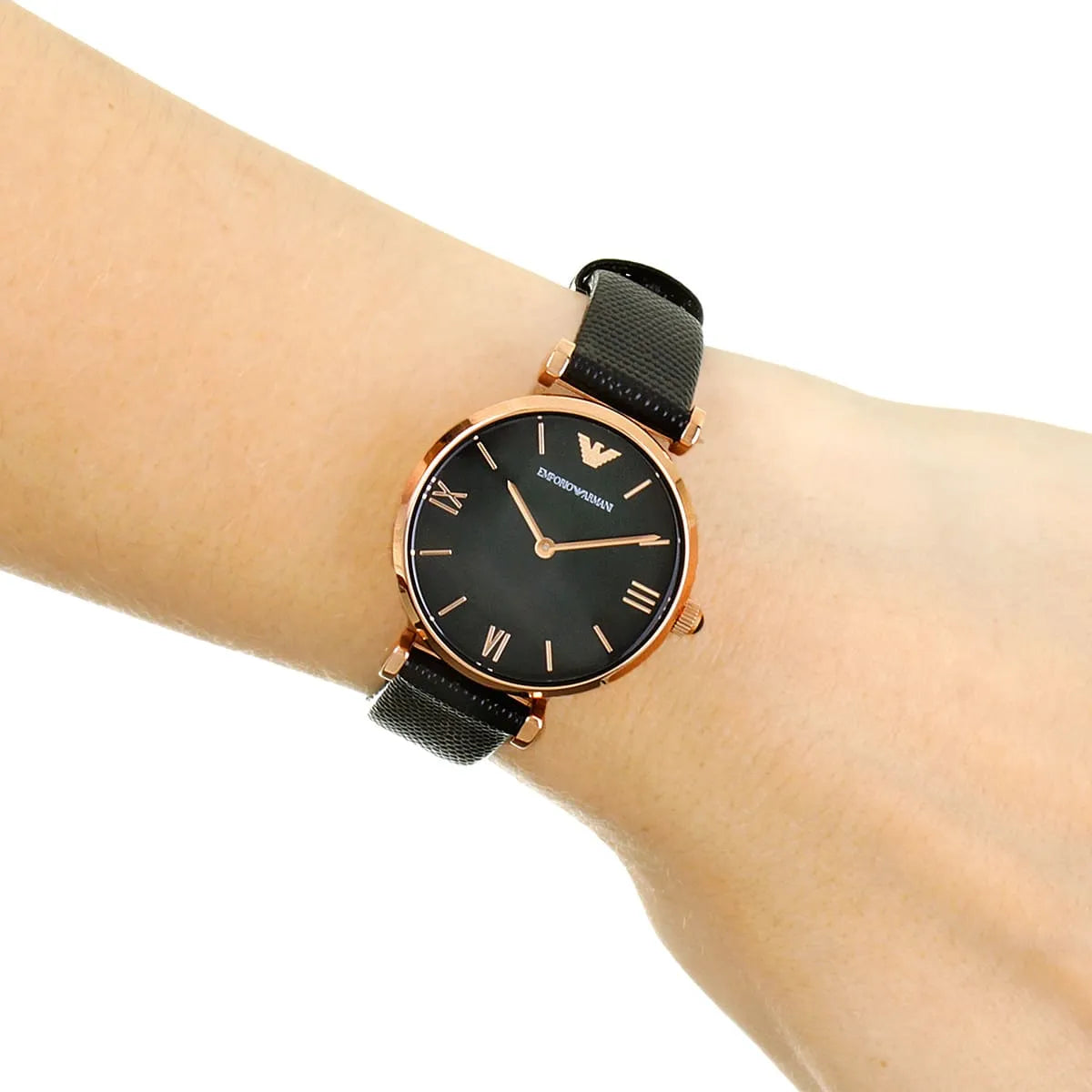 Gianni T-Bar watch worn on wrist with rose gold case and black leather strap