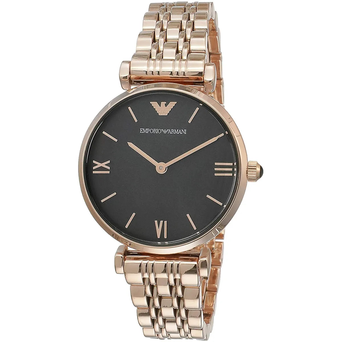 Angled view of Emporio Armani Gianni T-Bar watch showing black dial and rose gold case