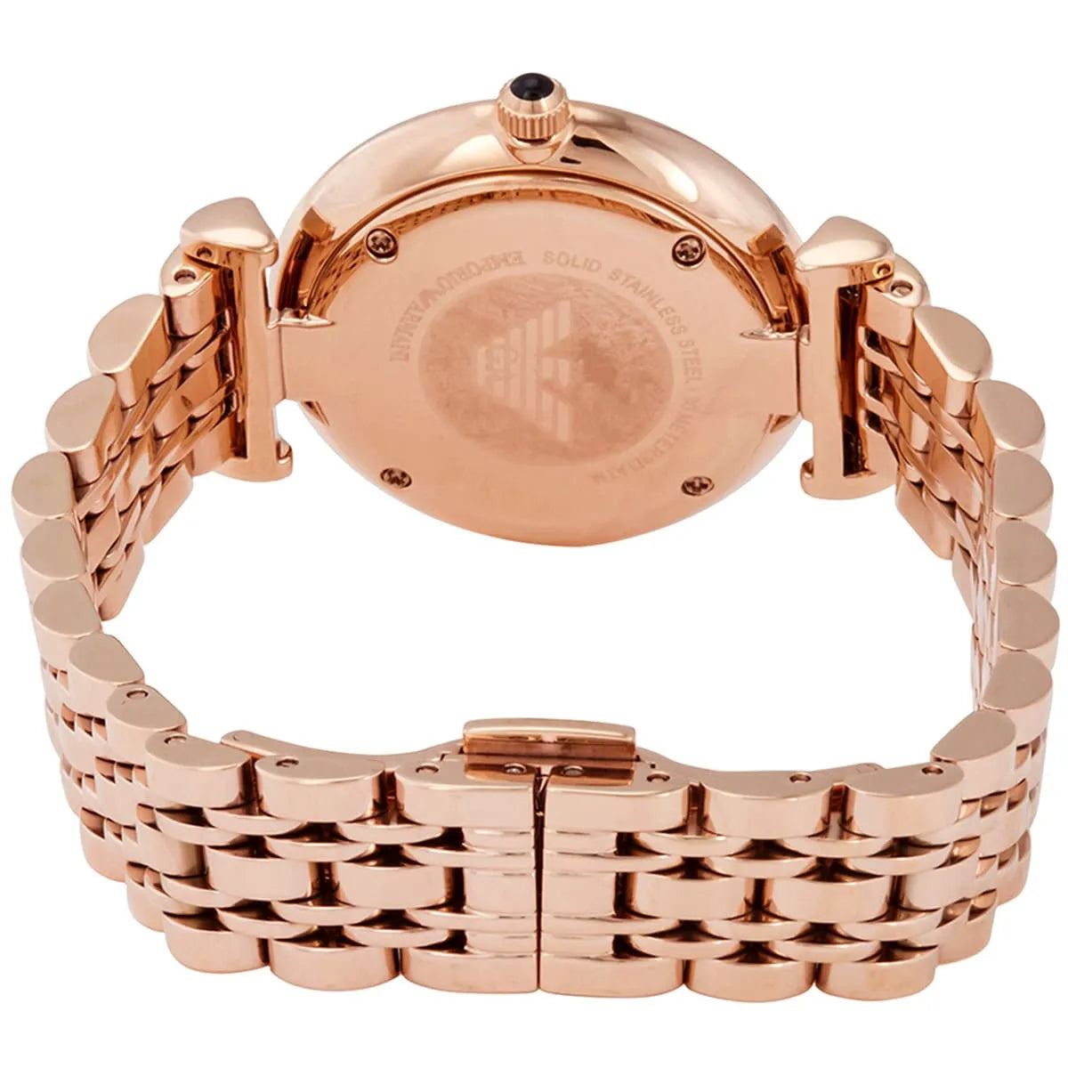 Emporio Armani Gianni T-Bar watch case back showing rose gold stainless steel