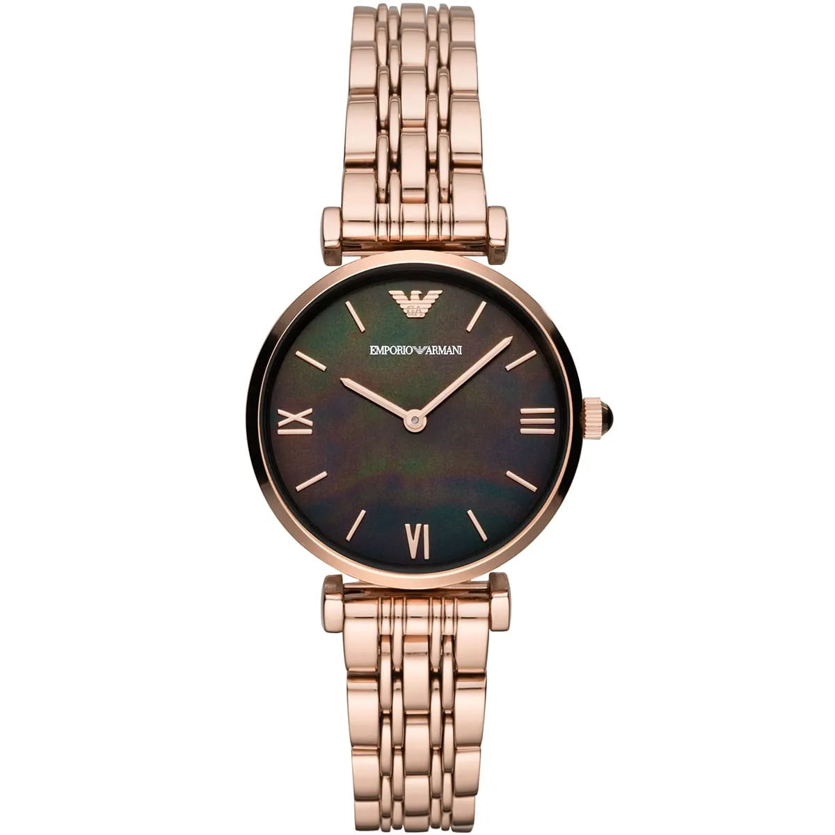 Emporio Armani Gianni T-Bar women's watch with black mother of pearl dial and rose gold metal bracelet