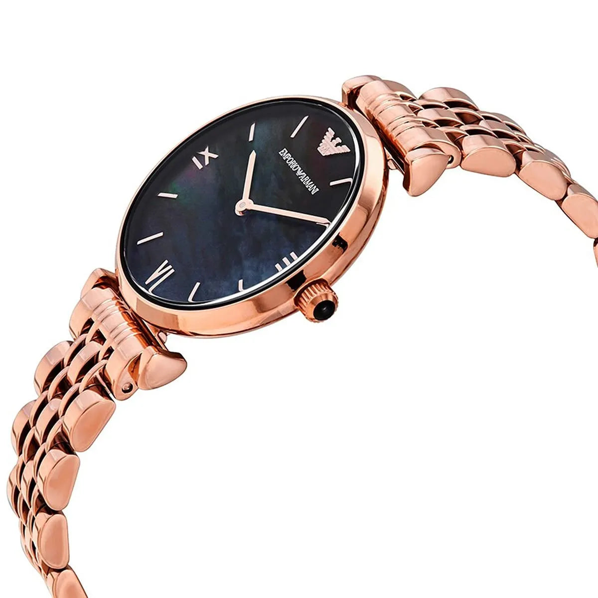 Emporio Armani Gianni T-Bar watch on wrist showing black mother of pearl dial and rose gold strap