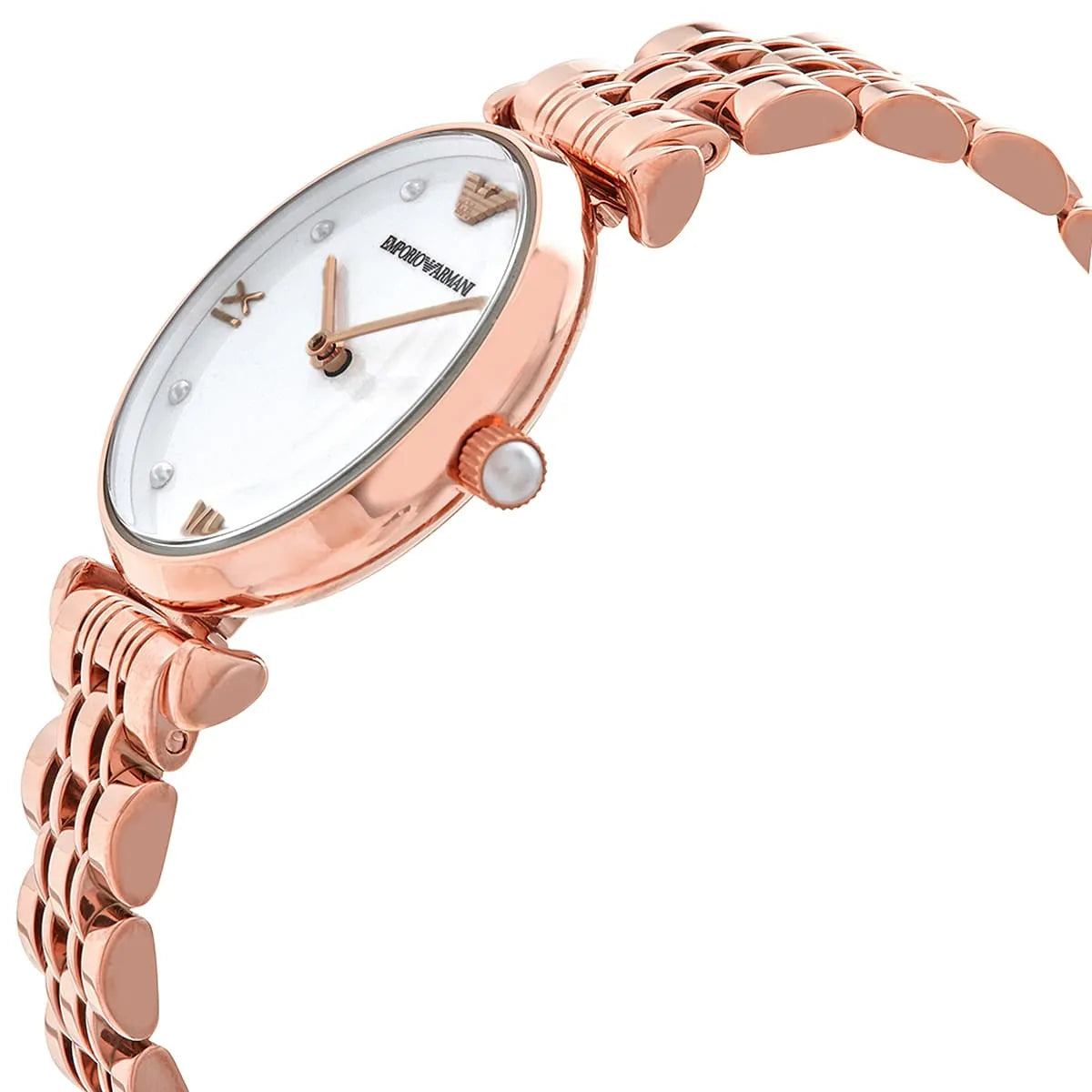 Emporio Armani Gianni T-Bar watch angle view showing rose gold case and white dial