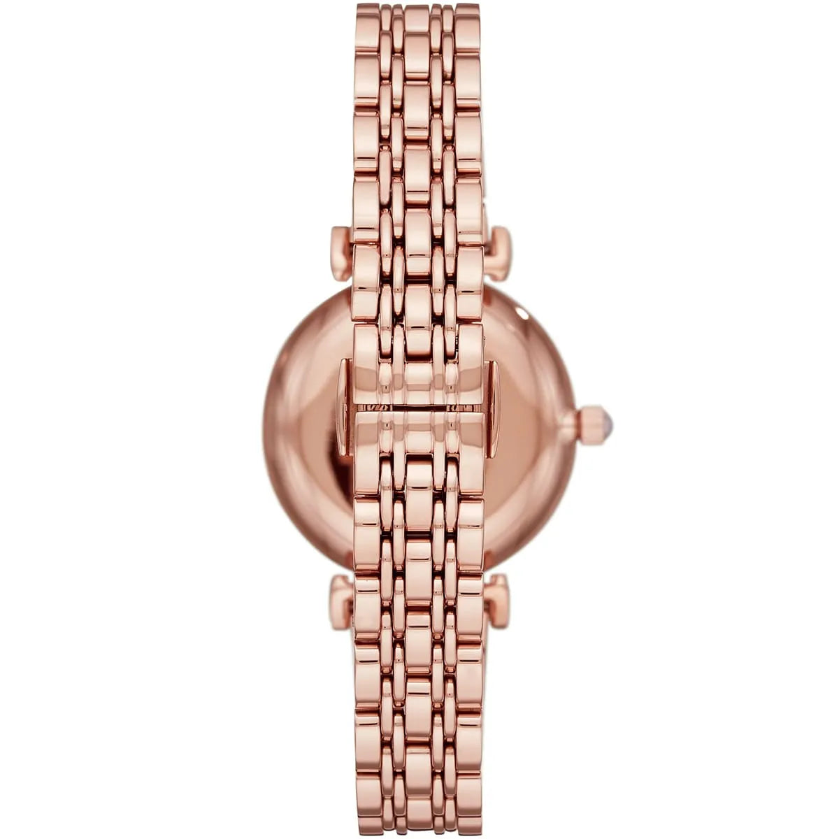 Emporio Armani Gianni T-Bar rose gold watch viewed from caseback showing bracelet attachment