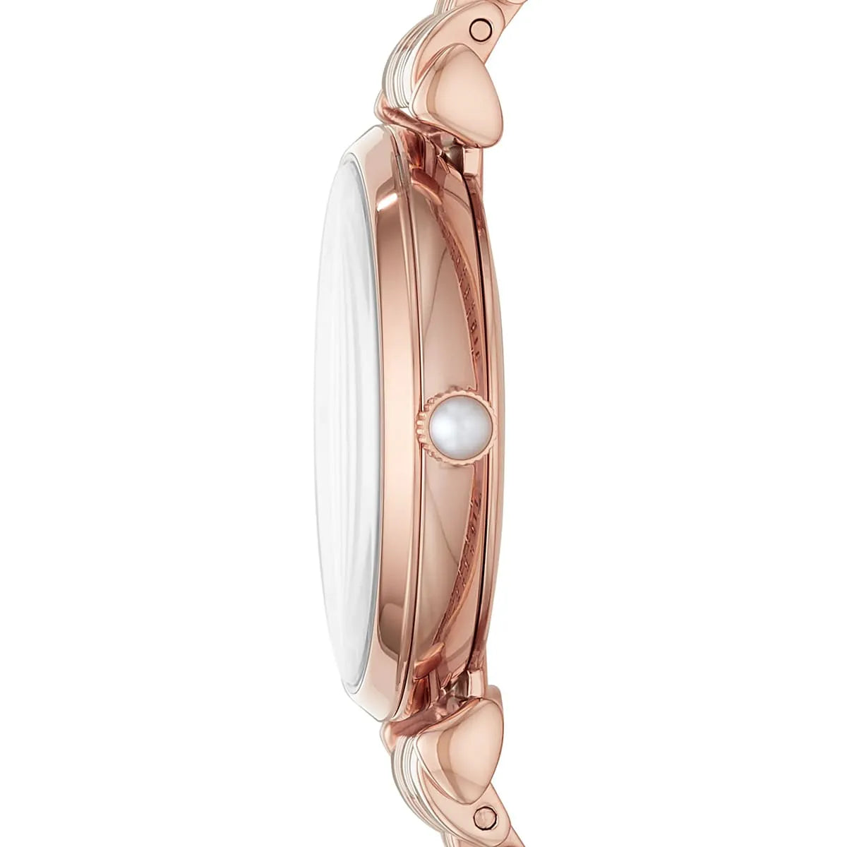 Emporio Armani Gianni T-Bar rose gold watch side profile showing case and bracelet
