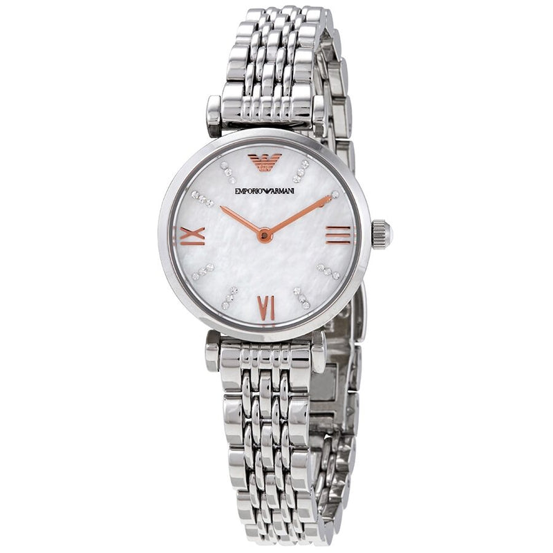 Emporio Armani Gianni T-Bar Quartz Crystal White Mother of Pearl Dial Ladies Watch #AR11204 - The Watches Men & Co