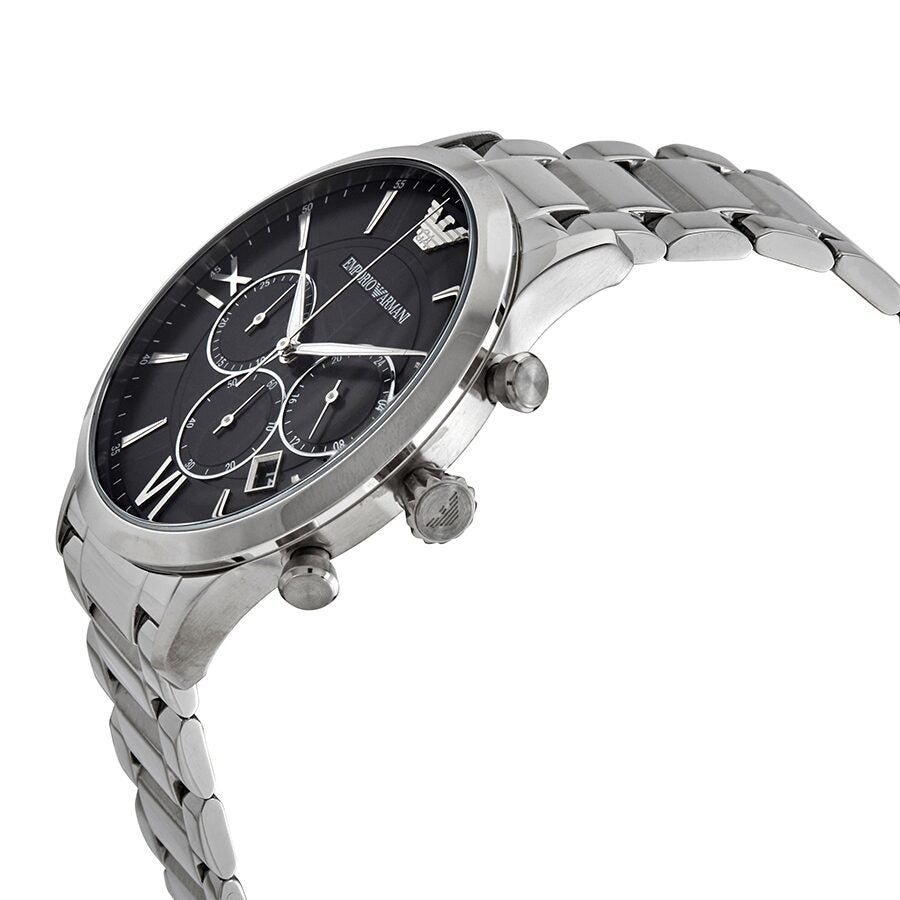 Side angle view of Emporio Armani Giovanni chronograph showing stainless steel case, bracelet, and chronograph pushers