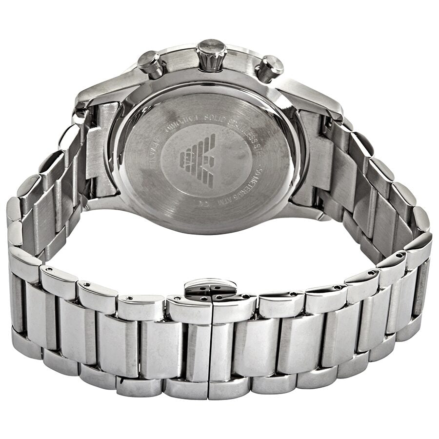 Caseback of Emporio Armani Giovanni watch showing stainless steel case with engraved logo
