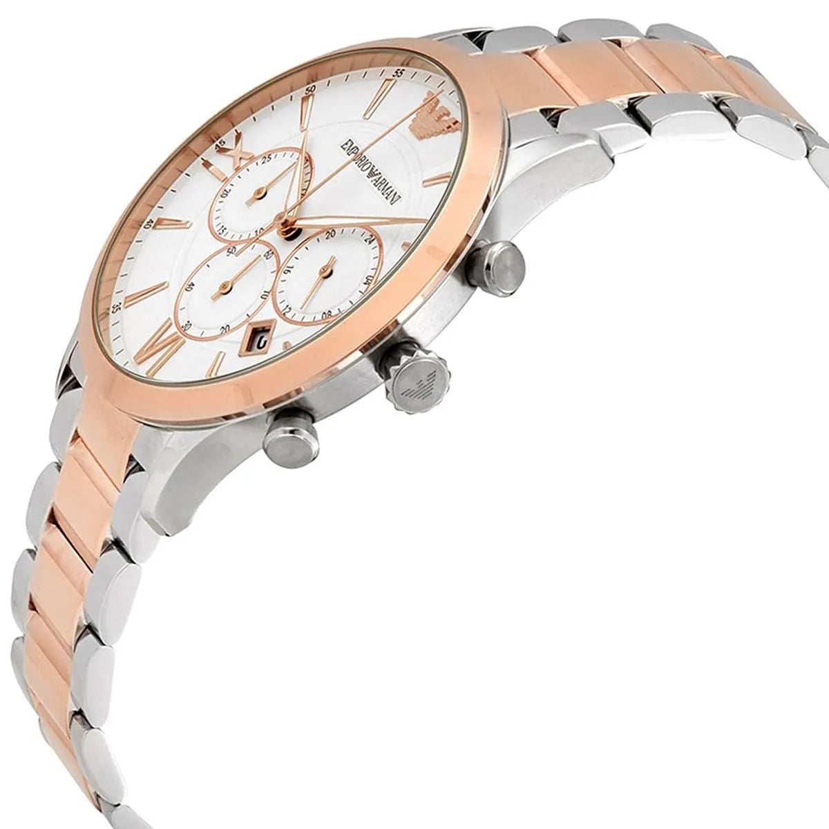Emporio Armani Giovanni AR11209 angled view of chronograph dial with subdials and date window