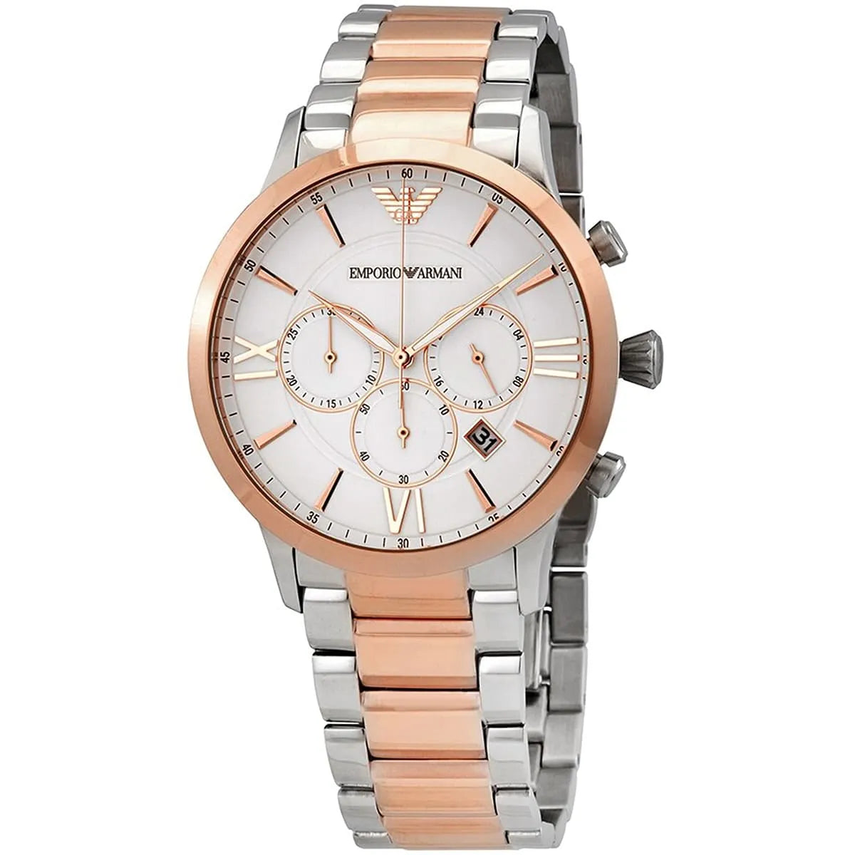 Emporio Armani Giovanni AR11209 three-quarter view showing two-tone steel and rose gold strap