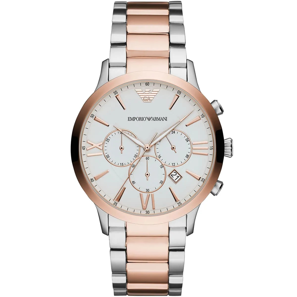Emporio Armani Giovanni AR11209 chronograph front view with white dial and rose gold bezel
