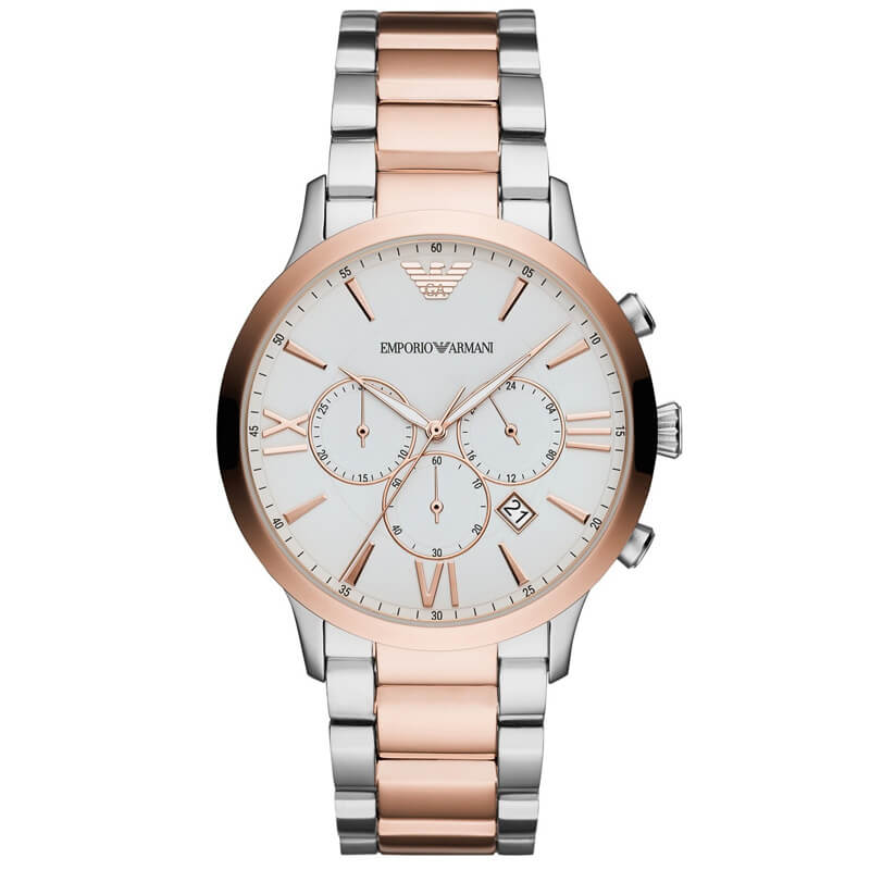 Emporio Armani Giovanni AR11209 chronograph watch with white dial and two-tone steel strap