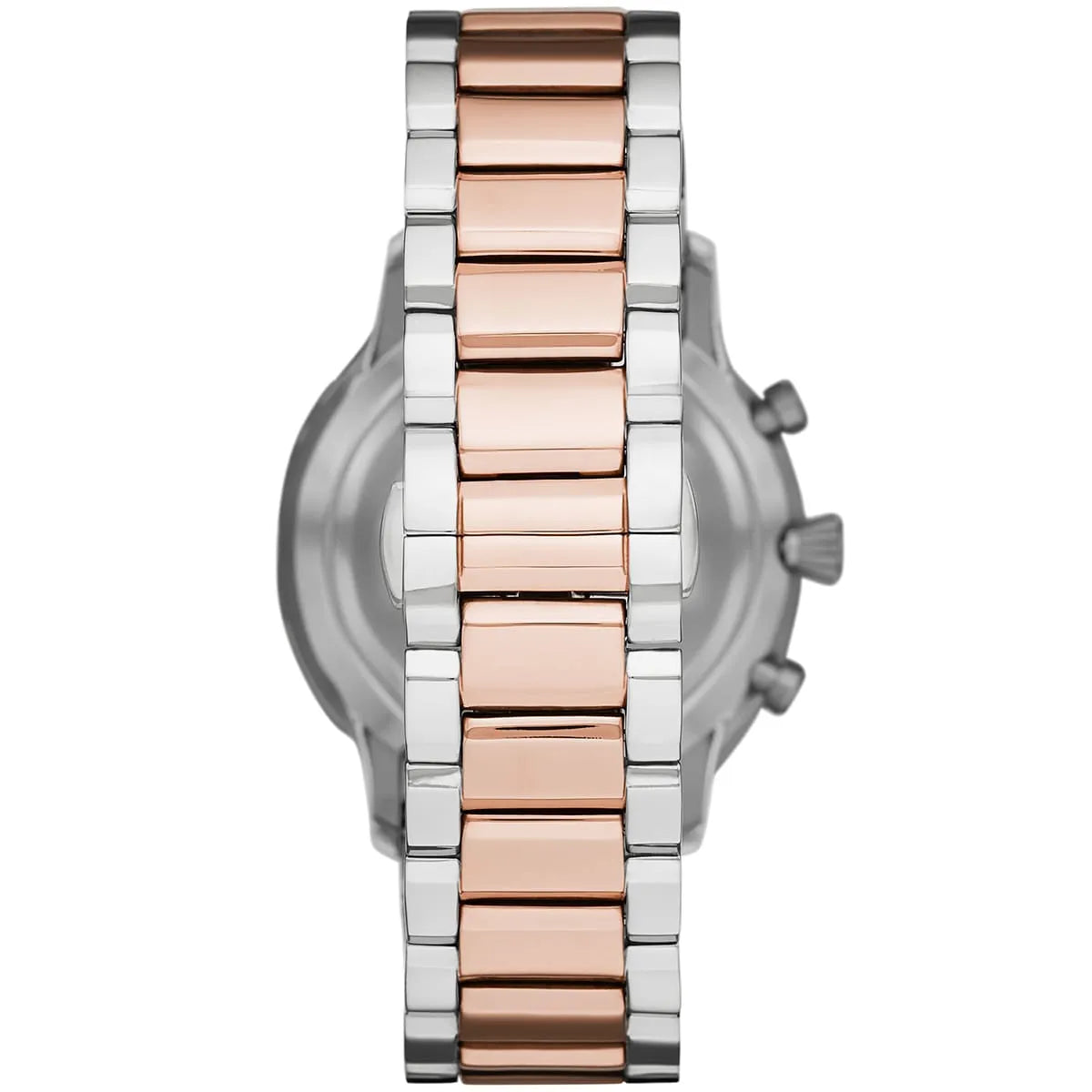 Emporio Armani Giovanni AR11209 watch side view displaying chronograph pushers and bracelet