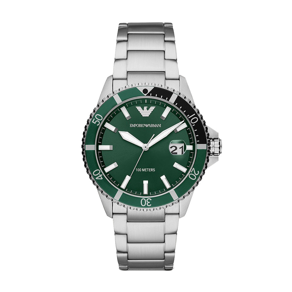 Emporio Armani Diver Three-Hand Date Green Dial Silver Men's Watch - AR11338